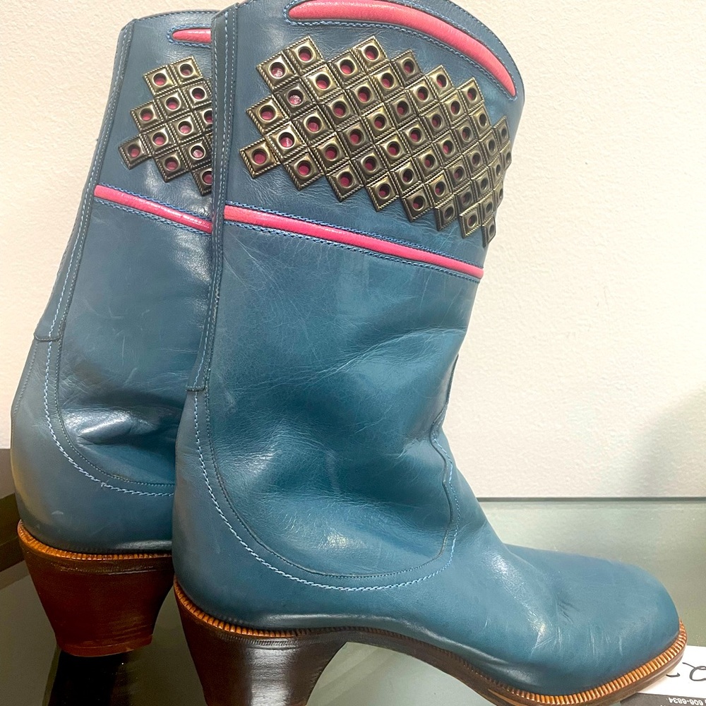 Vtg Francois Villon Paris Blue Italian Leather Studded Cowgirl Boots size 36